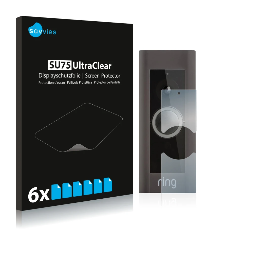 Front side of a product packaging with the brand logo Savvies. Next to it is the device Ring Video Doorbell Pro shown with the