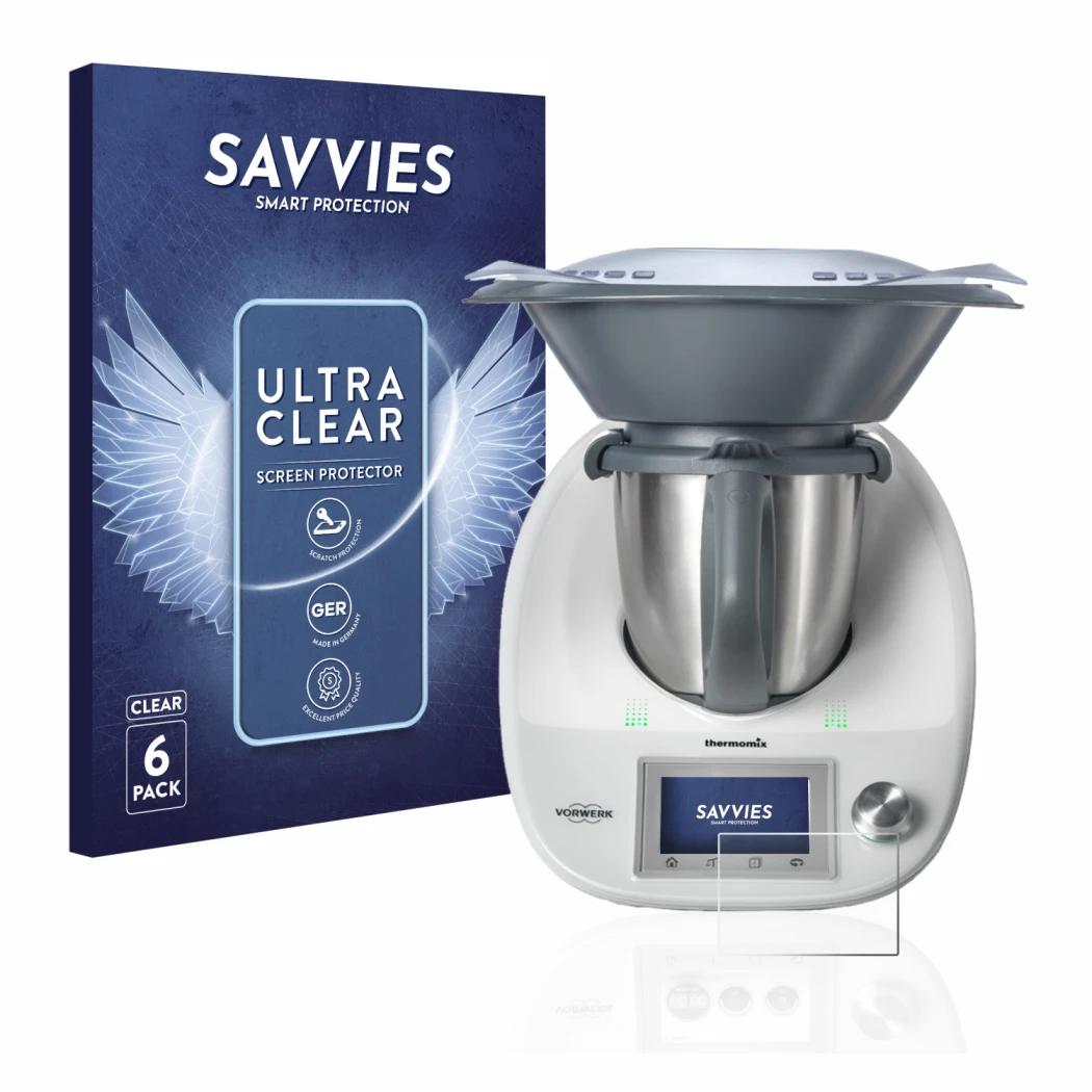 Front side of a product packaging with the brand logo Savvies. Next to it is the device Vorwerk Bimby TM5 shown with the corre