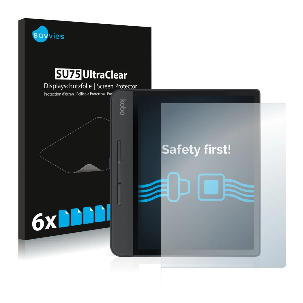 Front side of a product packaging with the brand logo Savvies. Next to it is the device Kobo Forma shown with the correspondin
