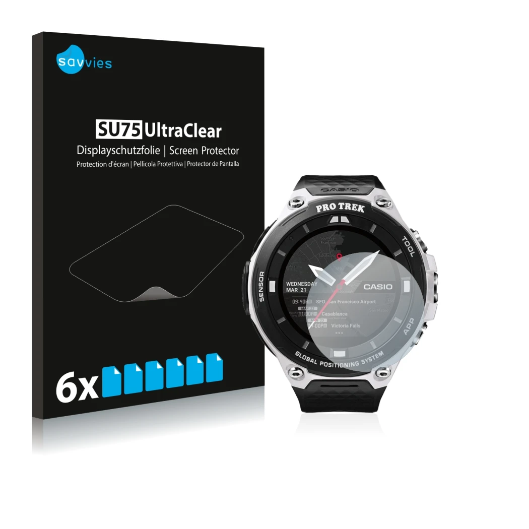 Front side of a product packaging with the brand logo Savvies. Next to it is the device Casio Pro Trek Smart WSD-F20 shown wit