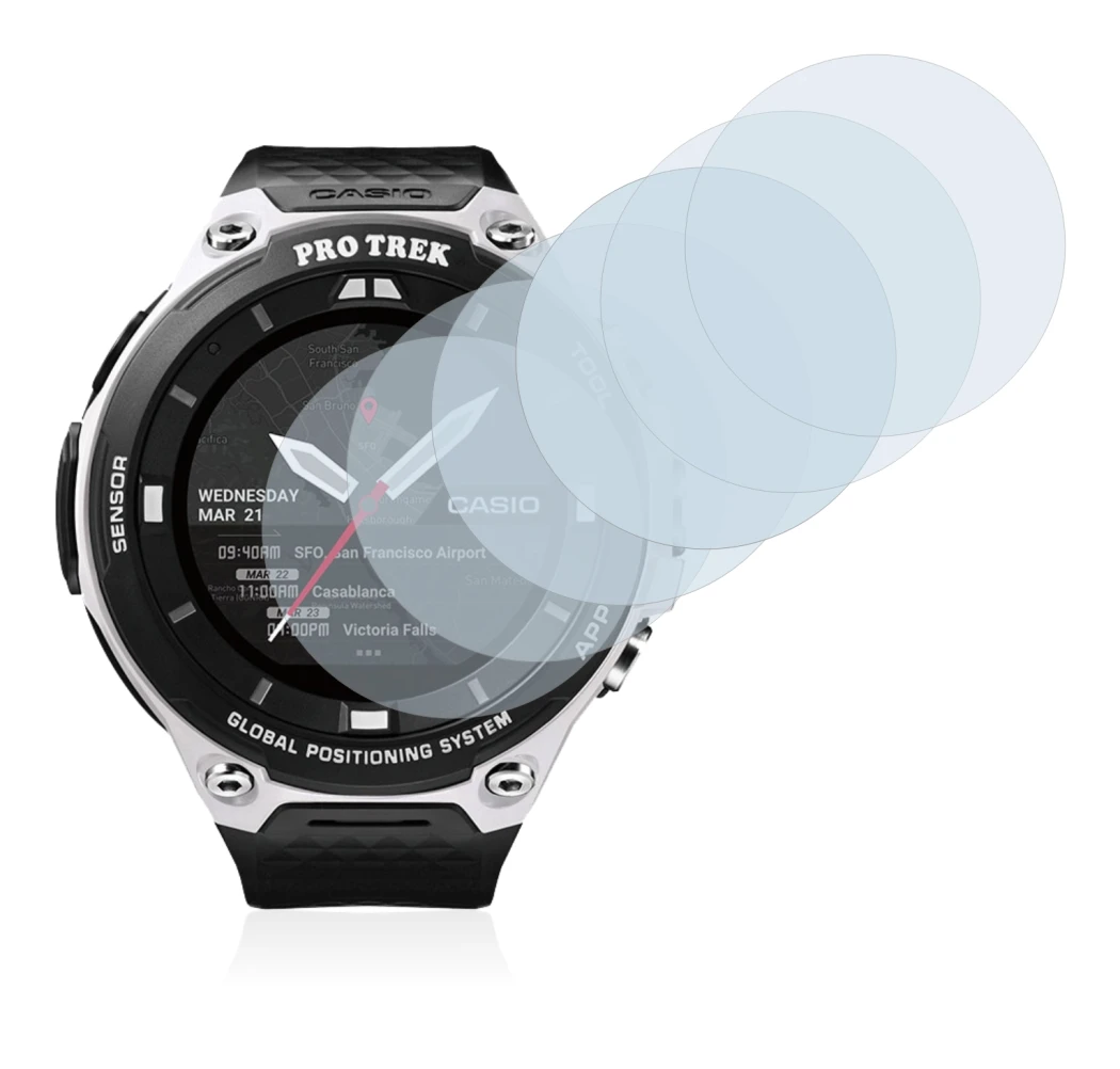 Image of the device Casio Pro Trek Smart WSD-F20 with a wide variety of screen protectors.