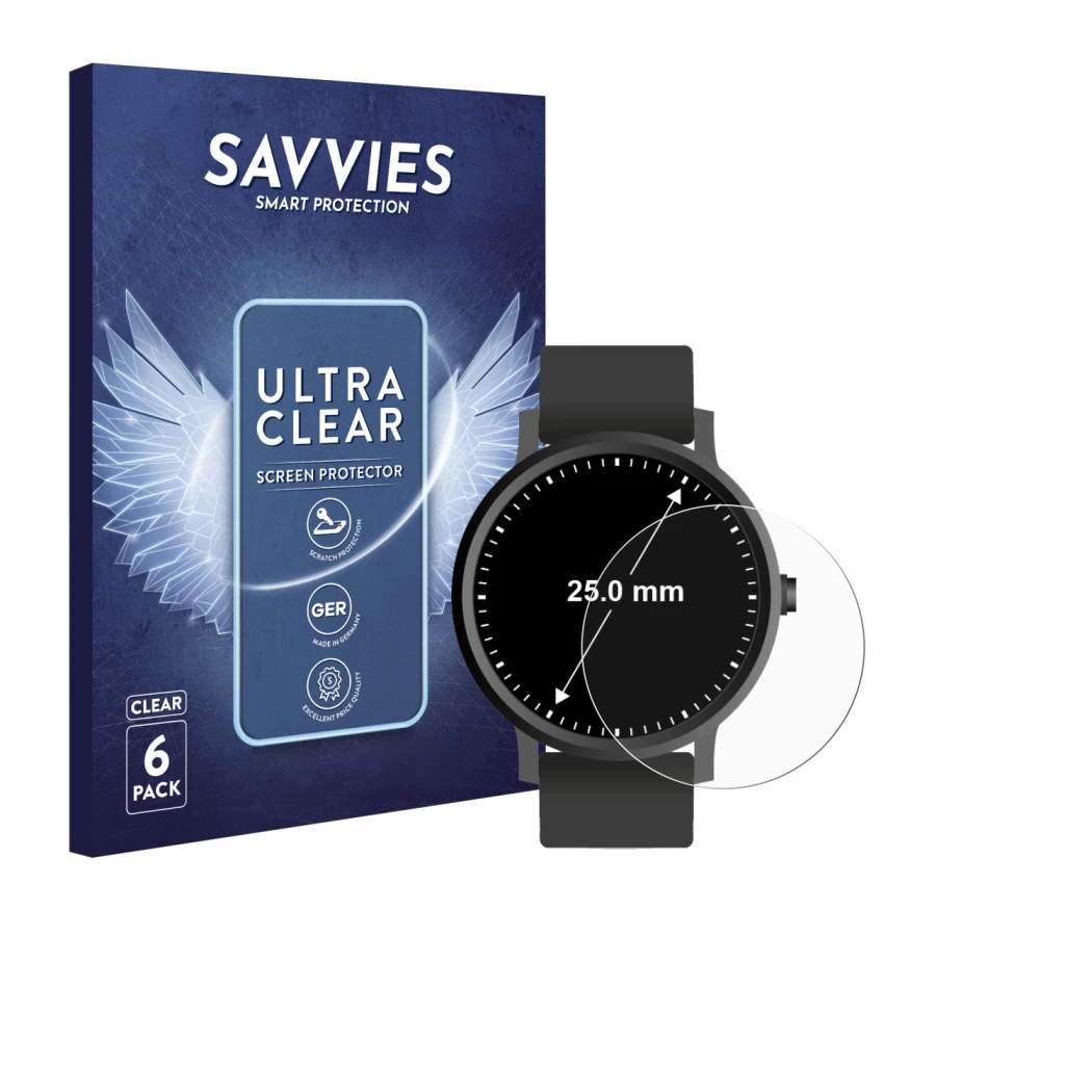 Front side of a product packaging with the brand logo Savvies. Next to it is the device Circular Displays (ø: 25 mm) shown wit