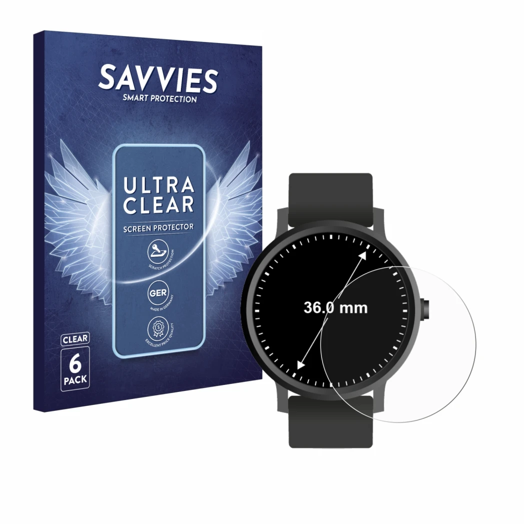 Front side of a product packaging with the brand logo Savvies. Next to it is the device Circular Displays (ø: 36 mm) shown wit