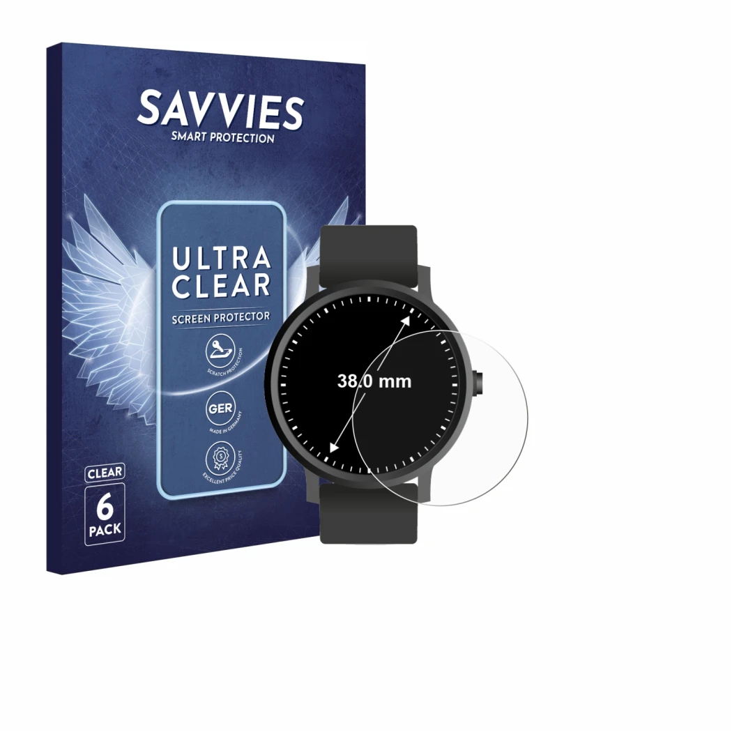 Front side of a product packaging with the brand logo Savvies. Next to it is the device Circular Displays (ø: 38 mm) shown wit