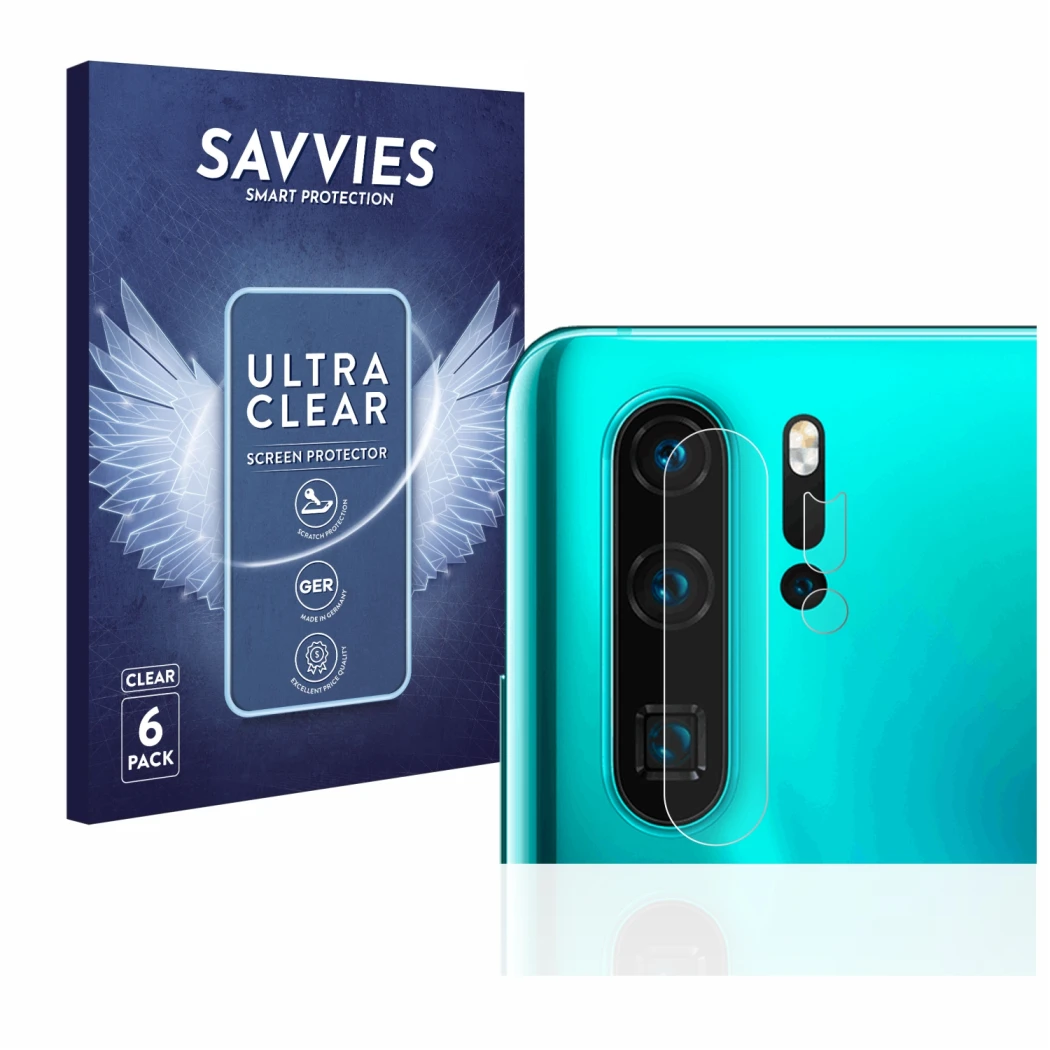 Front side of a product packaging with the brand logo Savvies. Next to it is the device Huawei P30 Pro (ONLY Camera Lens) show