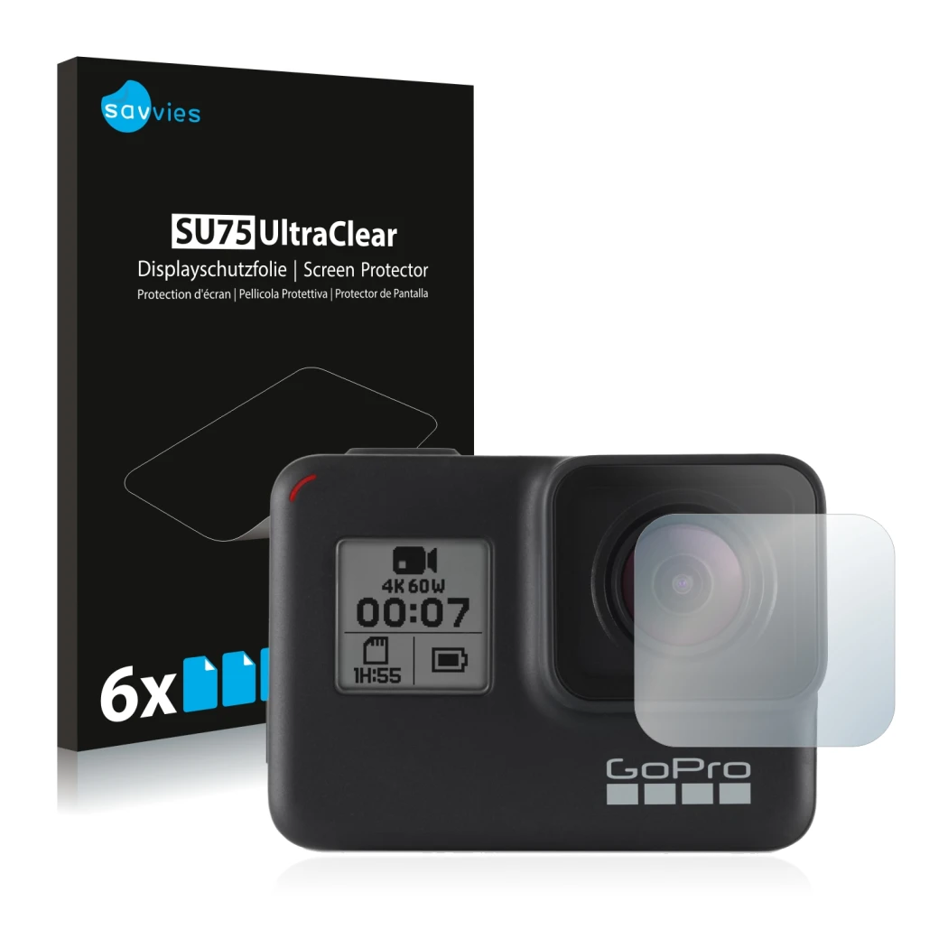 Front side of a product packaging with the brand logo Savvies. Next to it is the device GoPro Hero 7 Black (Lens) shown with t