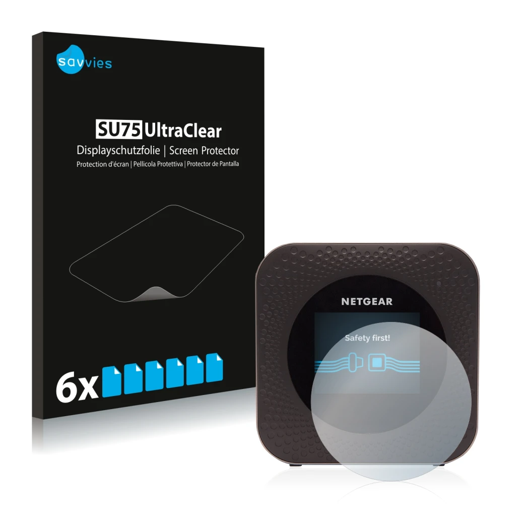 Front side of a product packaging with the brand logo Savvies. Next to it is the device Netgear Nighthawk M1 shown with the co