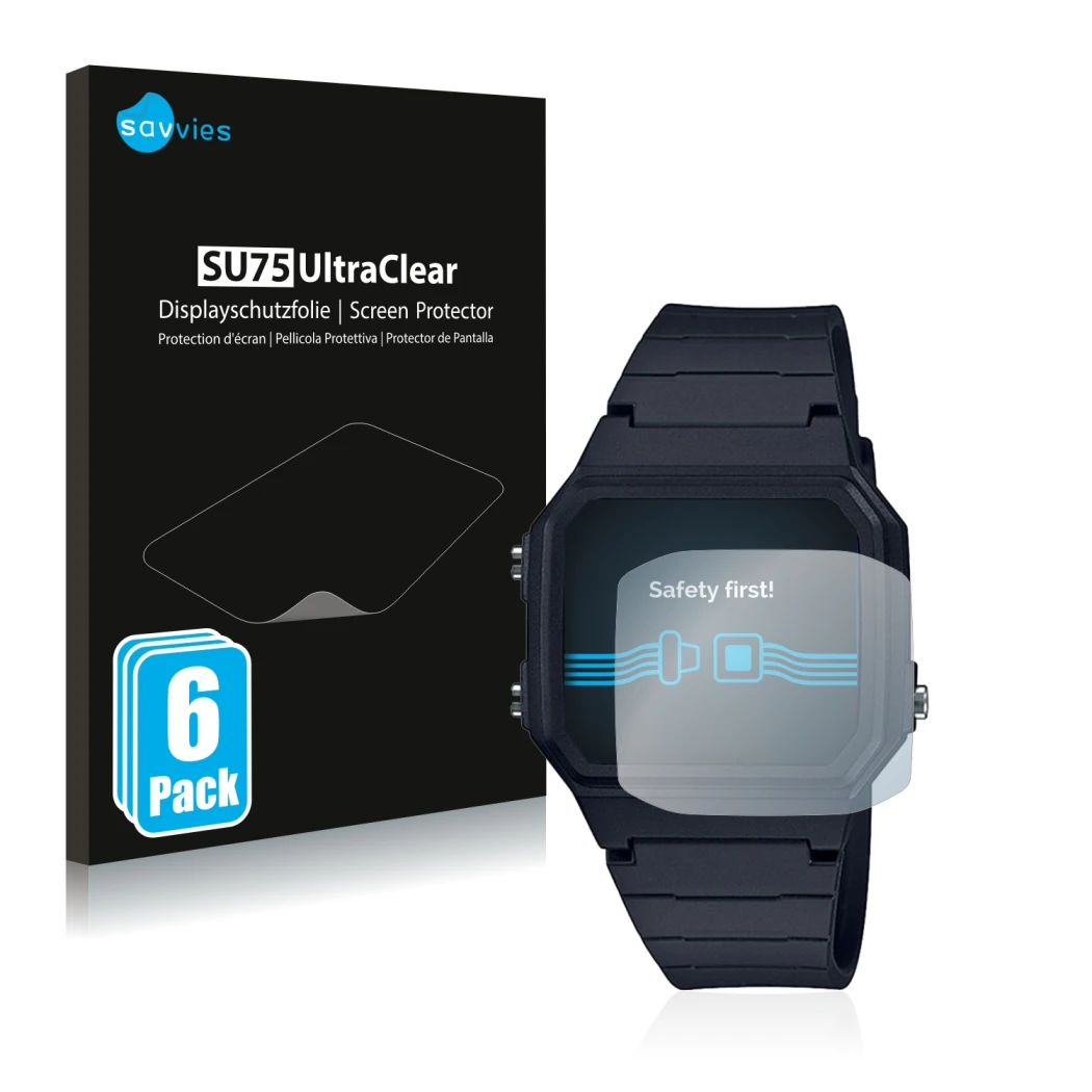 Front side of a product packaging with the brand logo Savvies. Next to it is the device Casio Unisex A168WA-1YES shown with th