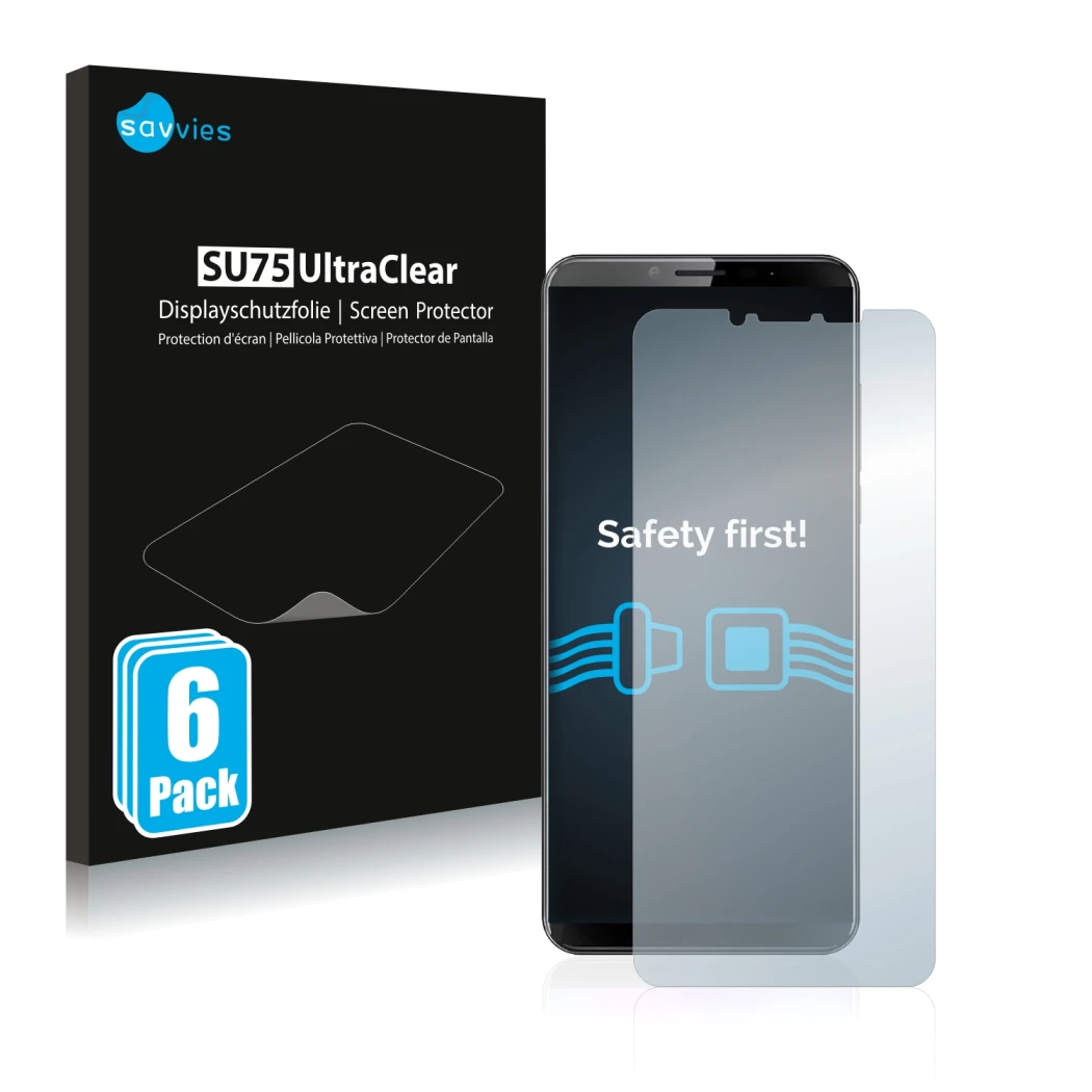 Front side of a product packaging with the brand logo Savvies. Next to it is the device Cubot X19 shown with the corresponding