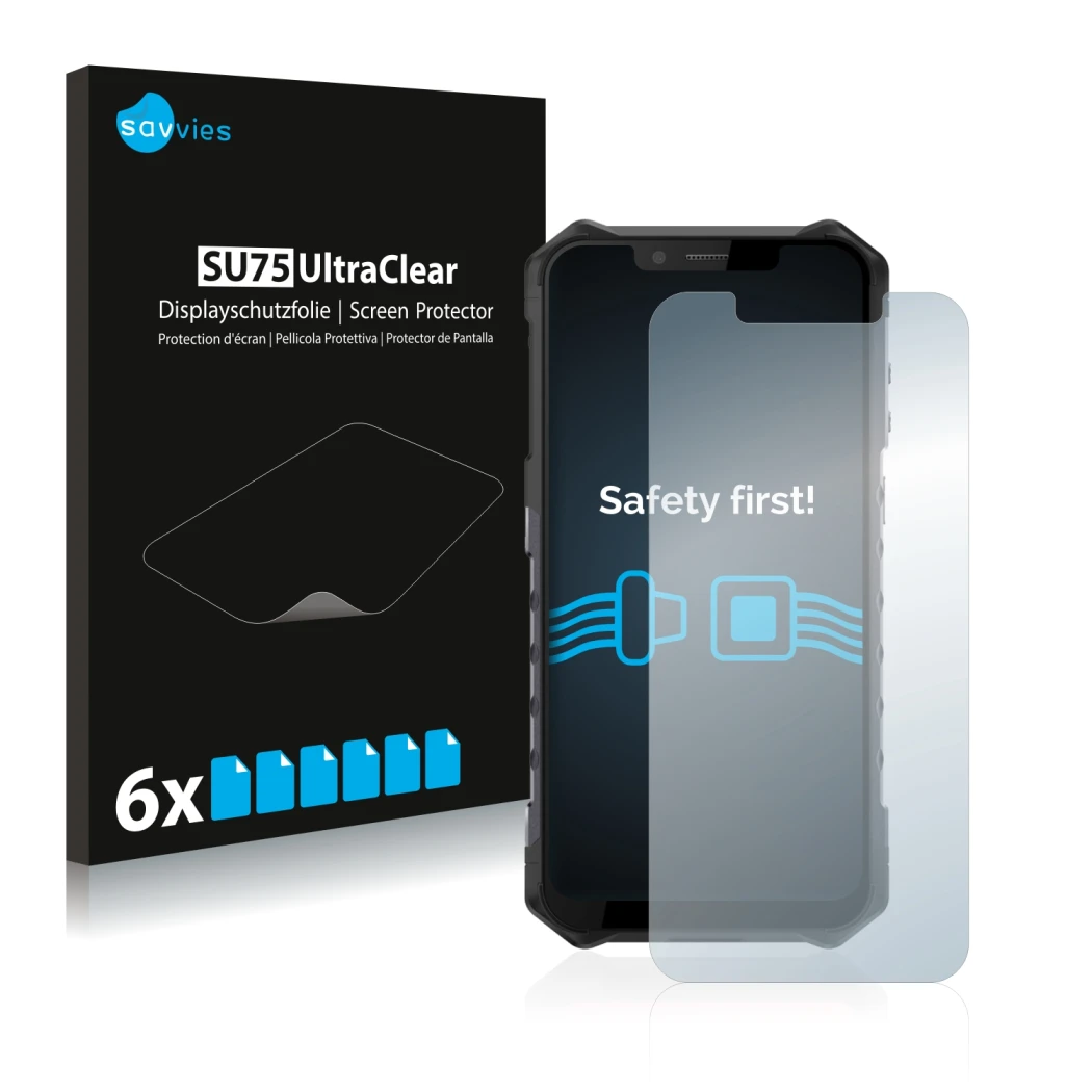 Front side of a product packaging with the brand logo Savvies. Next to it is the device Ulefone Armor 6 shown with the corresp