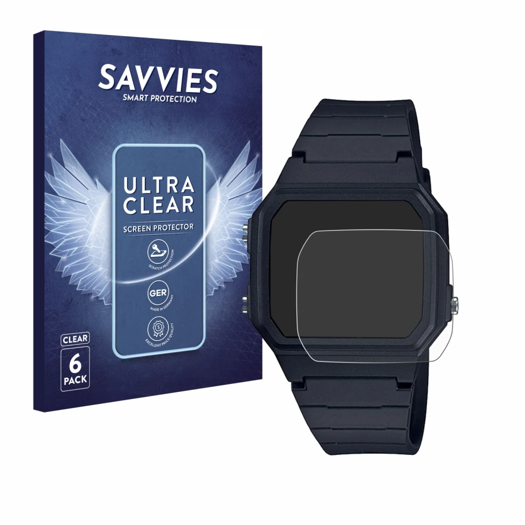 Front side of a product packaging with the brand logo Savvies. Next to it is the device Casio Unisex F-91W shown with the corr
