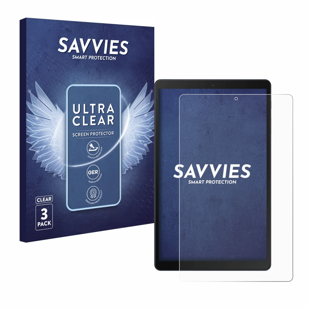 Front side of a product packaging with the brand logo Savvies. Next to it is the device Samsung Galaxy Tab A 10.1 WiFi 2019 sh
