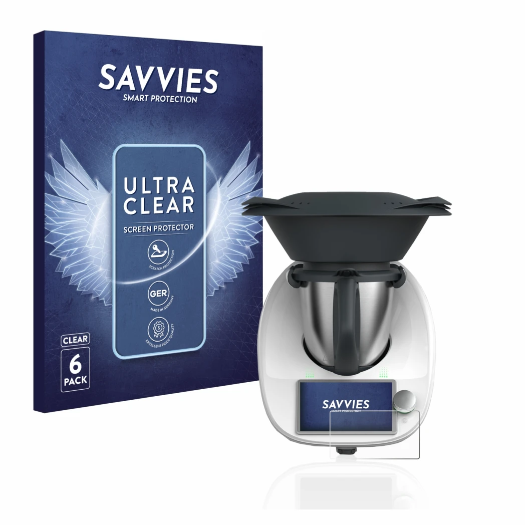 Front side of a product packaging with the brand logo Savvies. Next to it is the device Vorwerk Thermomix TM6 shown with the c