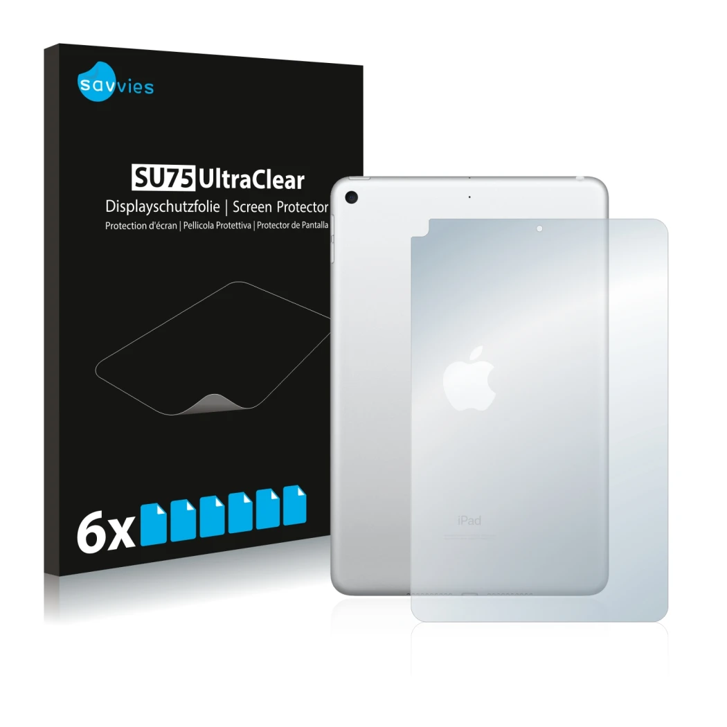 Front side of a product packaging with the brand logo Savvies. Next to it is the device Apple iPad Mini 5 2019 (Back, 5th Gen.