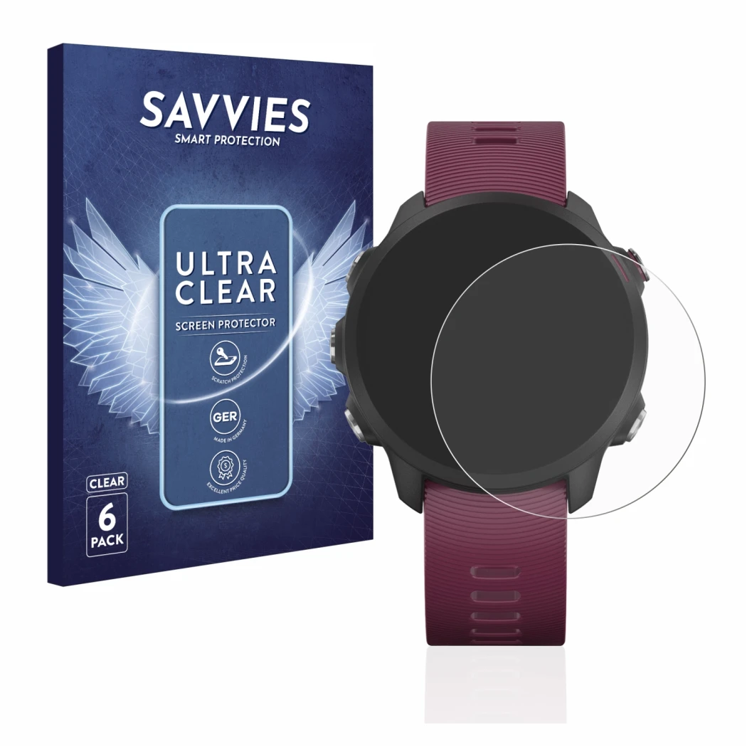 Front side of a product packaging with the brand logo Savvies. Next to it is the device Garmin Forerunner 245 shown with the c