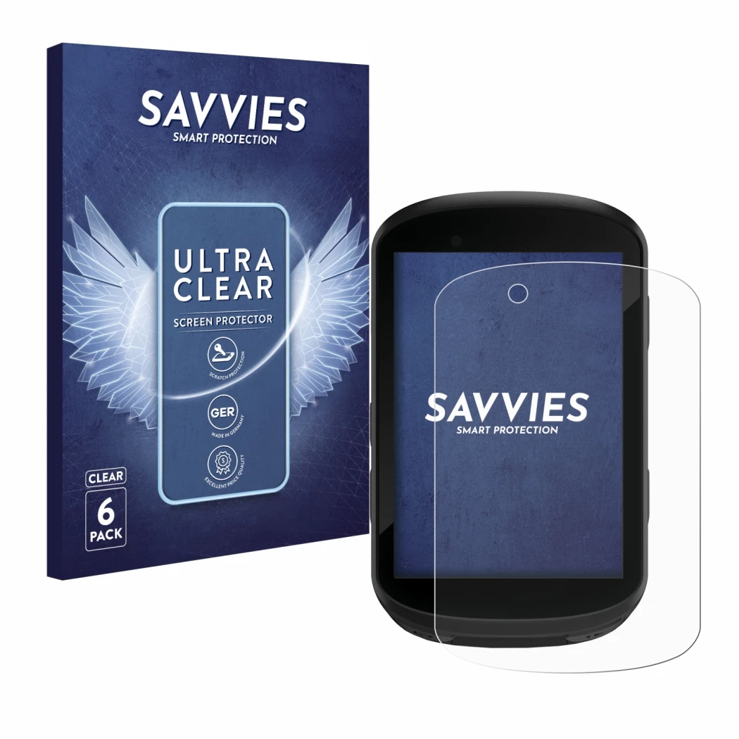 Front side of a product packaging with the brand logo Savvies. Next to it is the device Garmin Edge 830 shown with the corresp