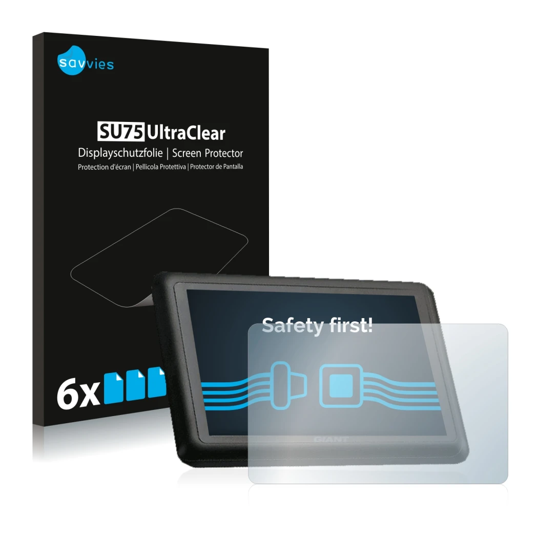 Front side of a product packaging with the brand logo Savvies. Next to it is the device Giant RideControl Charge shown with th