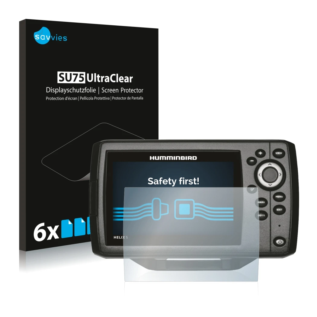 Front side of a product packaging with the brand logo Savvies. Next to it is the device Humminbird Helix 5 shown with the corr