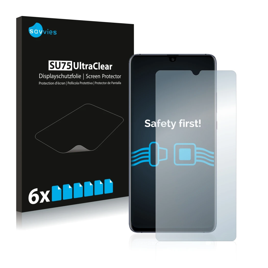 Front side of a product packaging with the brand logo Savvies. Next to it is the device Huawei Mate 20 X (5G) shown with the c