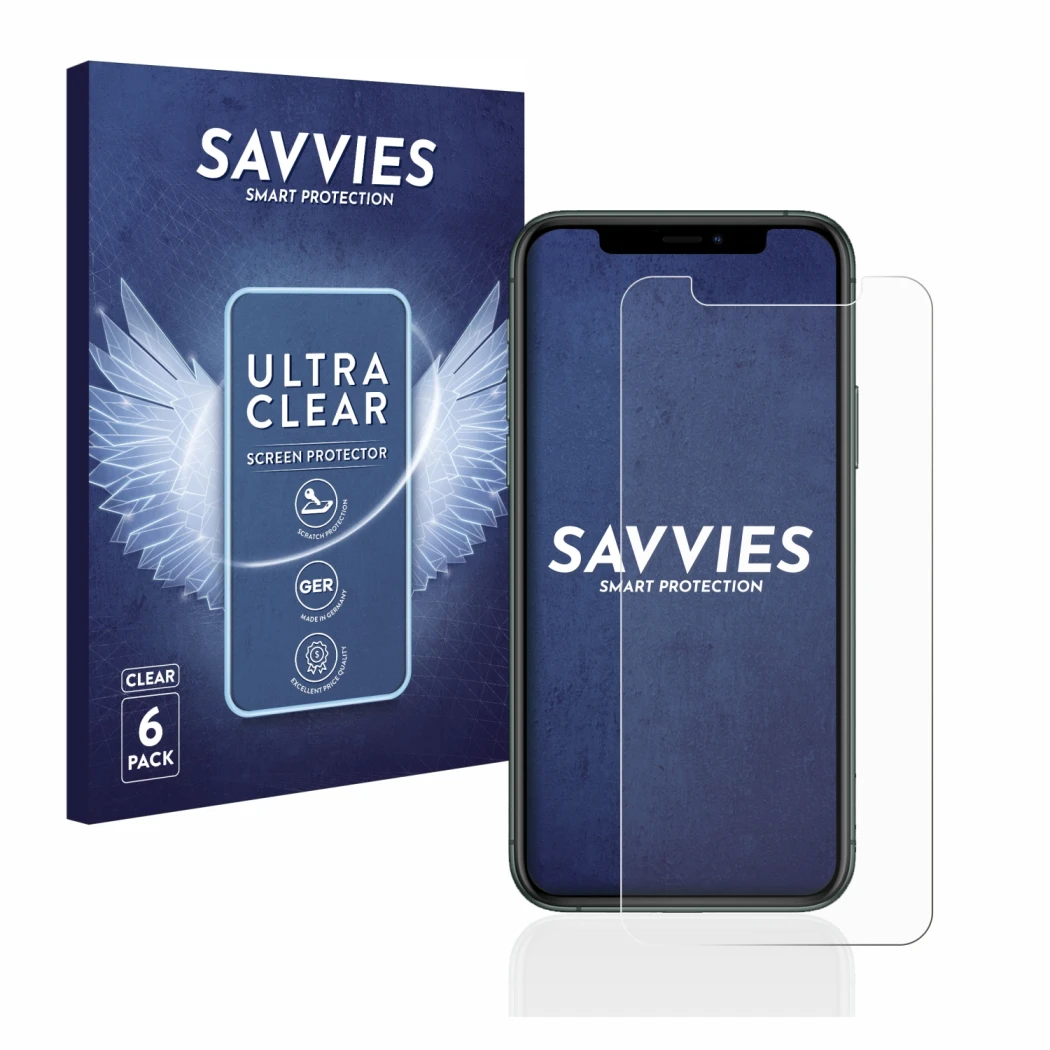Front side of a product packaging with the brand logo Savvies. Next to it is the device Apple iPhone 11 Pro shown with the cor