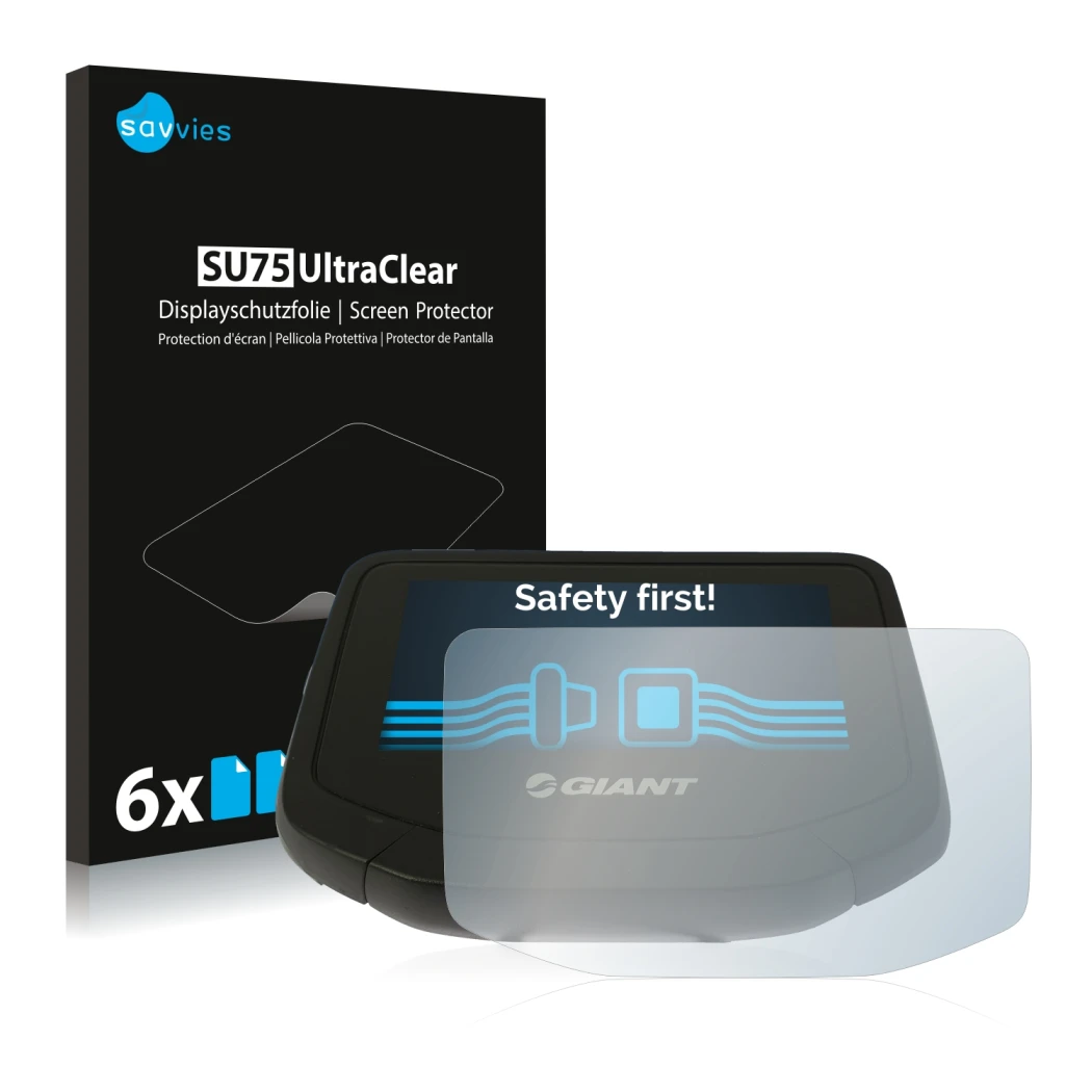 Front side of a product packaging with the brand logo Savvies. Next to it is the device Giant RideControl Evo shown with the c