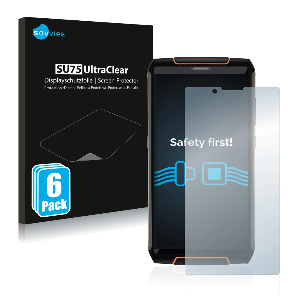 Front side of a product packaging with the brand logo Savvies. Next to it is the device Cubot King Kong 3 shown with the corre