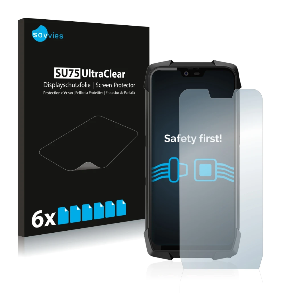 Front side of a product packaging with the brand logo Savvies. Next to it is the device Blackview BV9700 Pro shown with the co
