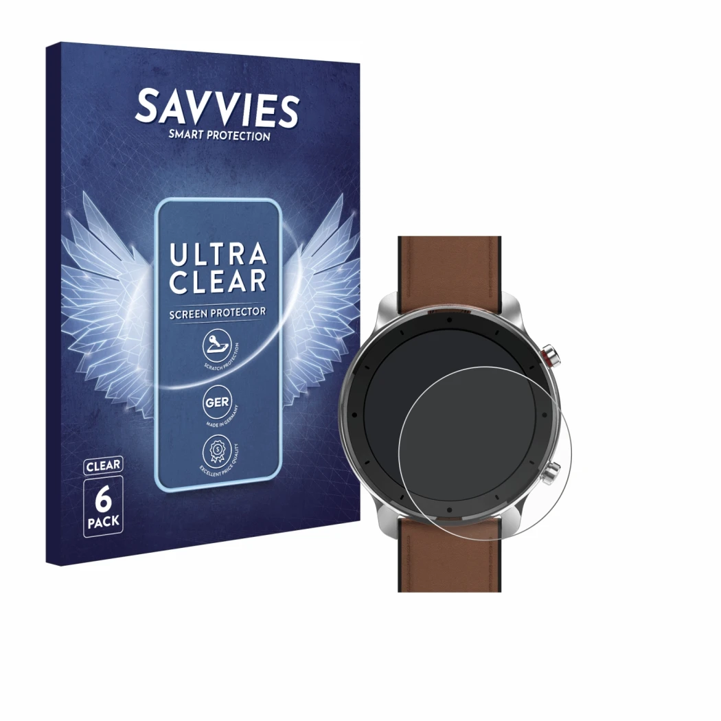 Front side of a product packaging with the brand logo Savvies. Next to it is the device Huami Amazfit GTR (47 mm) shown with t