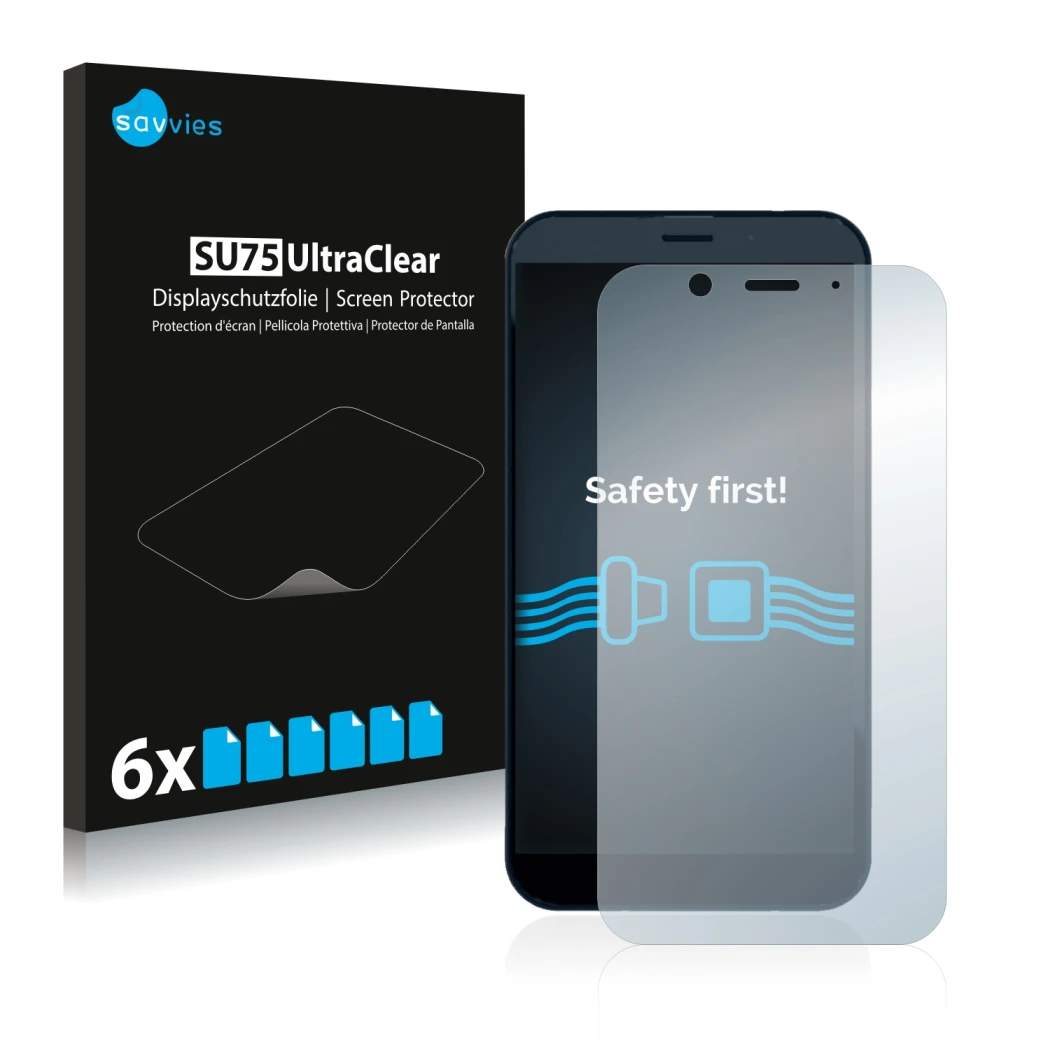 Front side of a product packaging with the brand logo Savvies. Next to it is the device Shiftphones Shift6m shown with the cor