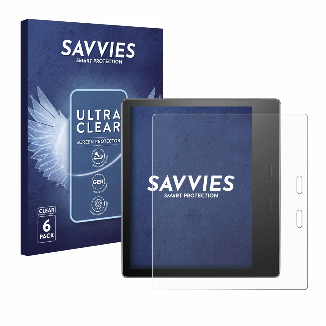 Front side of a product packaging with the brand logo Savvies. Next to it is the device Amazon Kindle Oasis 2019 (10th Gen.) s