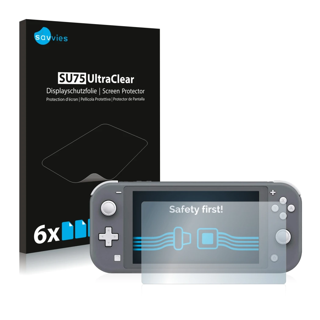 Front side of a product packaging with the brand logo Savvies. Next to it is the device Nintendo Switch Lite shown with the co