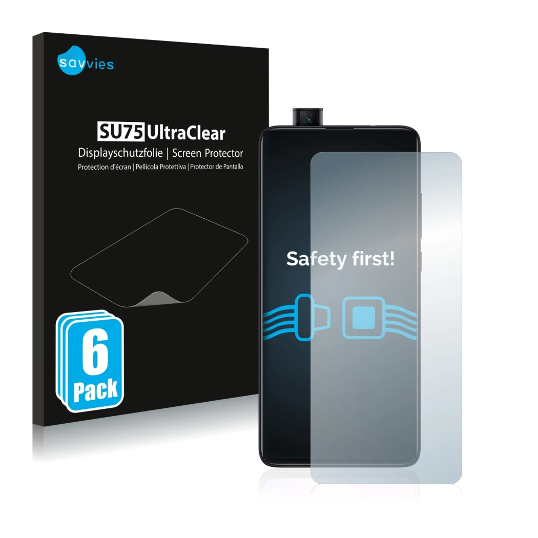 Front side of a product packaging with the brand logo Savvies. Next to it is the device Xiaomi Mi 9T Pro shown with the corres