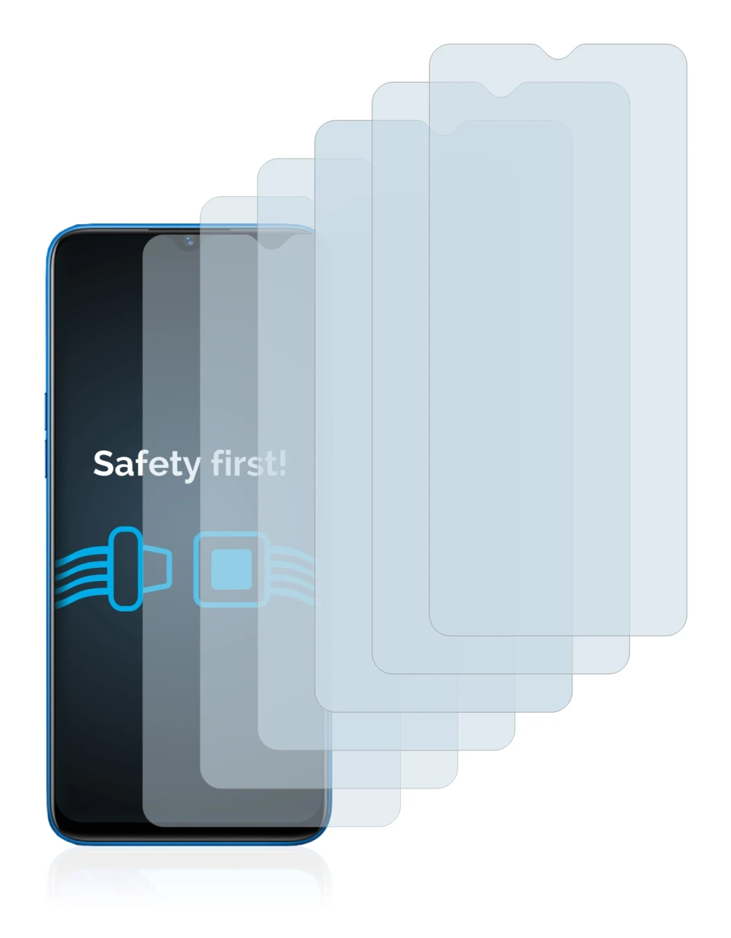 Image of the device realme 5 with a wide variety of screen protectors.