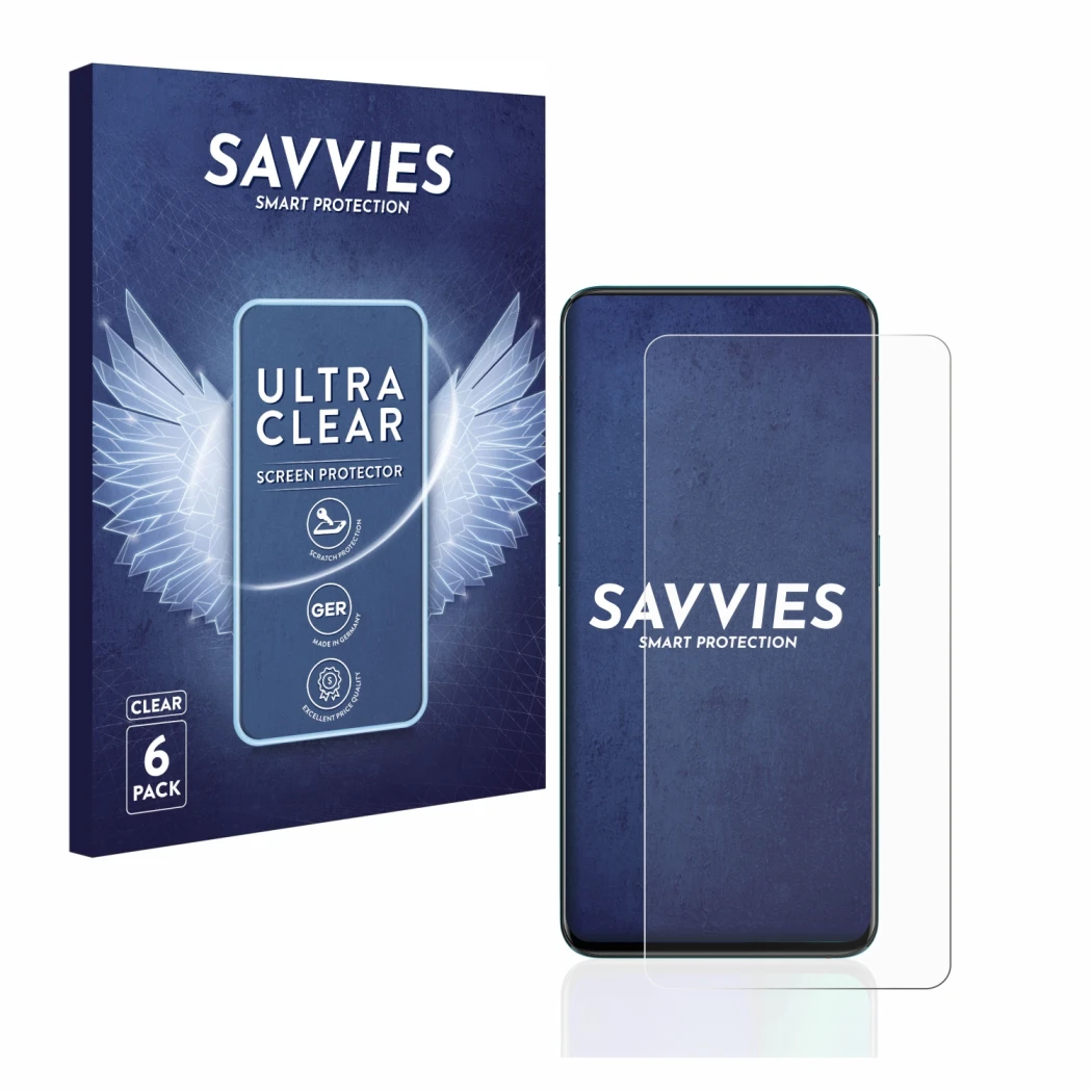 Front side of a product packaging with the brand logo Savvies. Next to it is the device Oppo Reno 2 shown with the correspondi