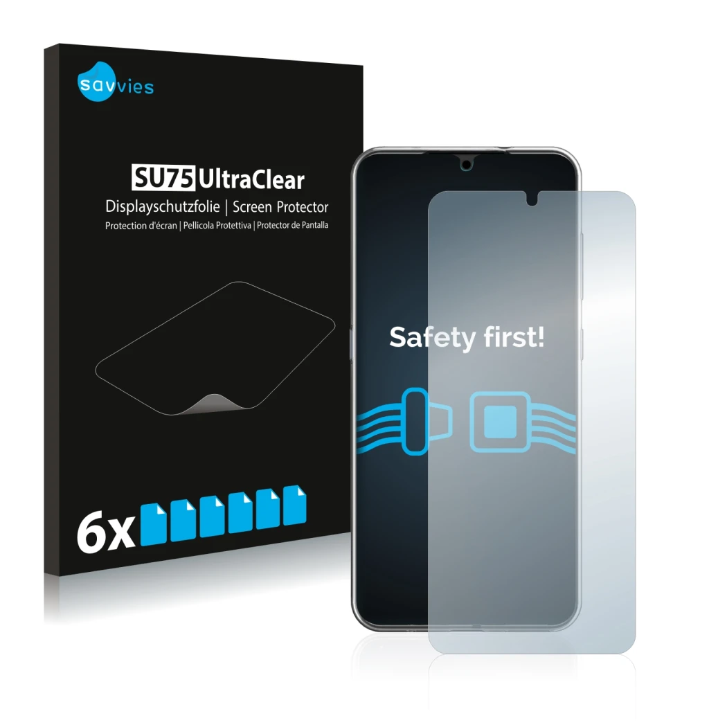 Front side of a product packaging with the brand logo Savvies. Next to it is the device Nokia 7.2 shown with the corresponding