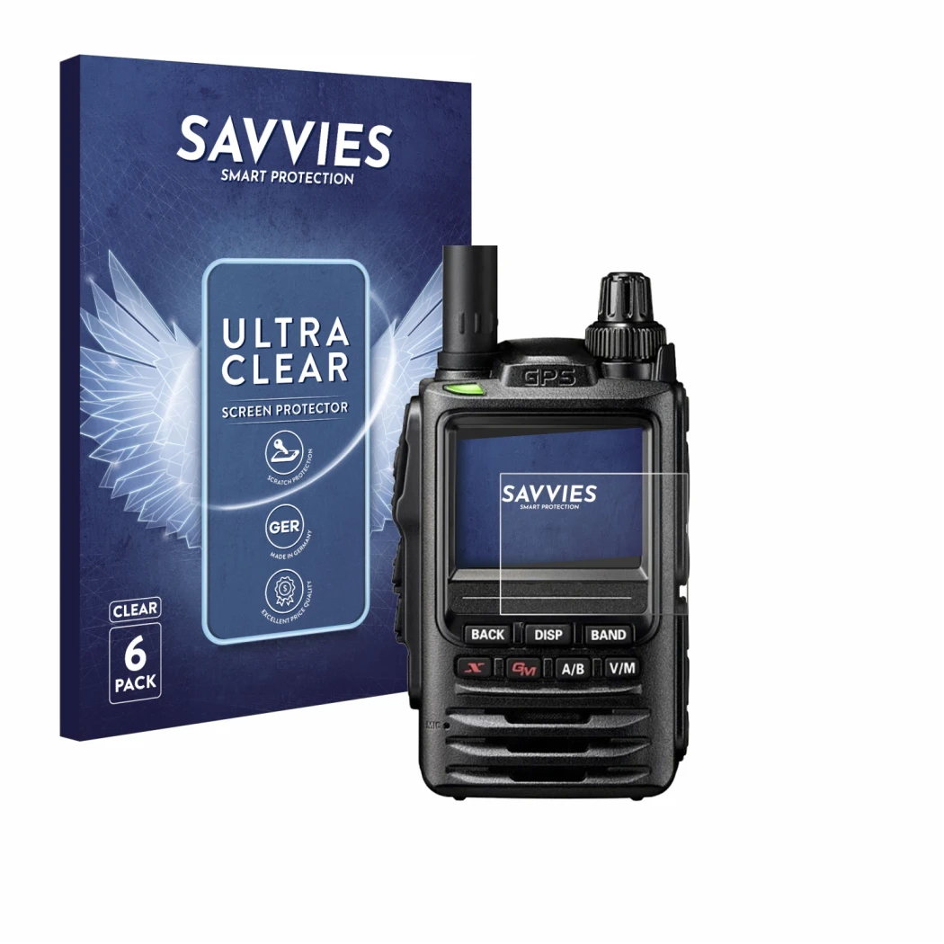 Front side of a product packaging with the brand logo Savvies. Next to it is the device Yaesu FT-3D shown with the correspondi