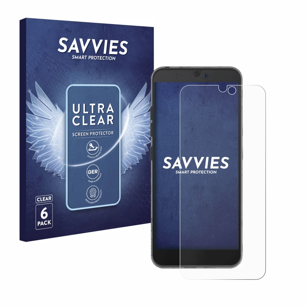 Front side of a product packaging with the brand logo Savvies. Next to it is the device Fairphone 3 shown with the correspondi
