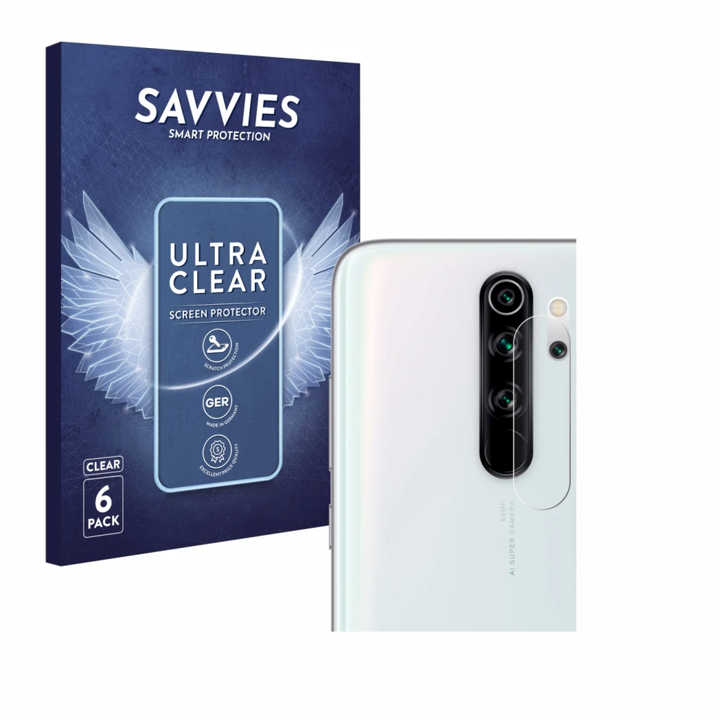 Front side of a product packaging with the brand logo Savvies. Next to it is the device Xiaomi Redmi Note 8 Pro (ONLY Camera L