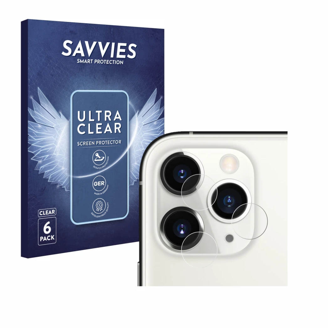 Front side of a product packaging with the brand logo Savvies. Next to it is the device Apple iPhone 11 Pro (ONLY Camera Lens)