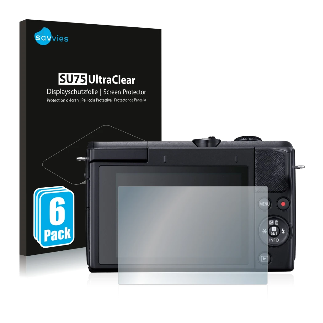 Front side of a product packaging with the brand logo Savvies. Next to it is the device Canon EOS M200 shown with the correspo