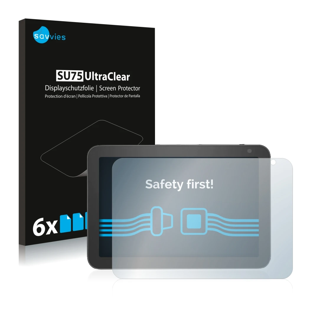 Front side of a product packaging with the brand logo Savvies. Next to it is the device Amazon Echo Show 8 (1st Gen.) shown wi