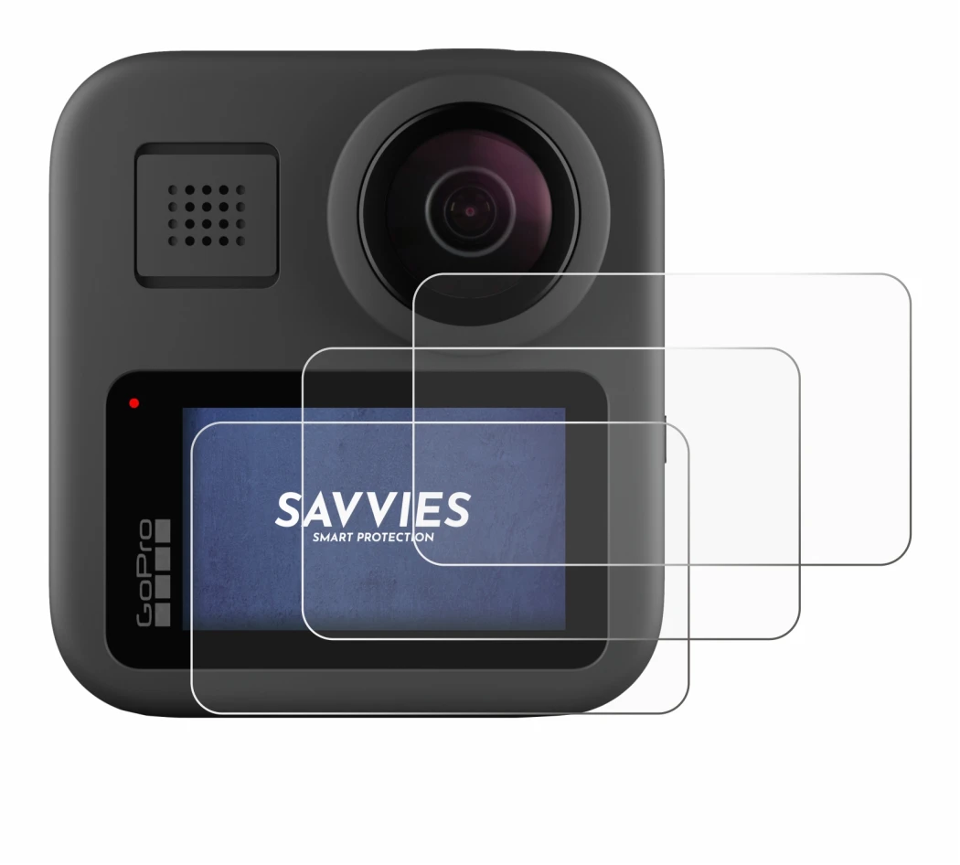 Image of the device GoPro Max with a wide variety of screen protectors.