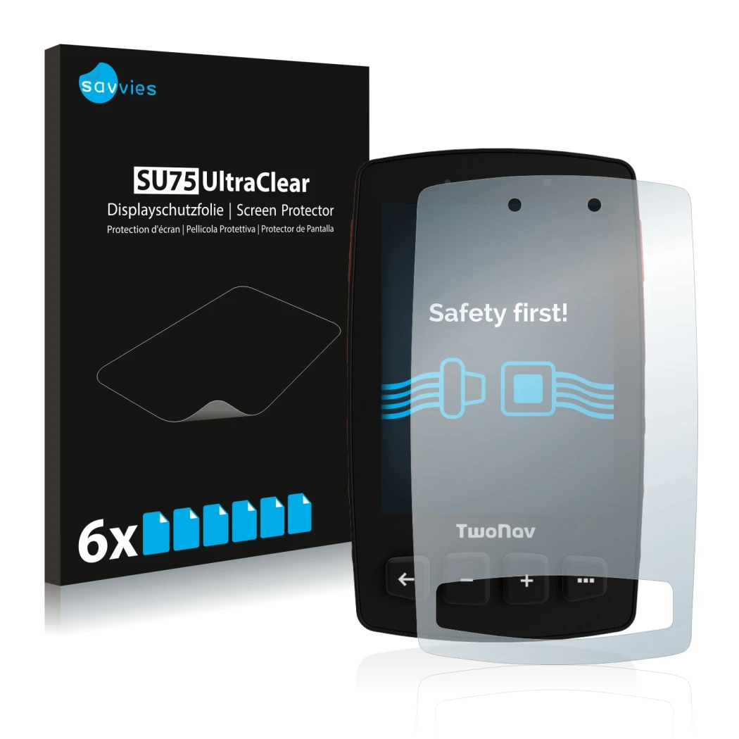 Front side of a product packaging with the brand logo Savvies. Next to it is the device TwoNav Trail 2 shown with the correspo