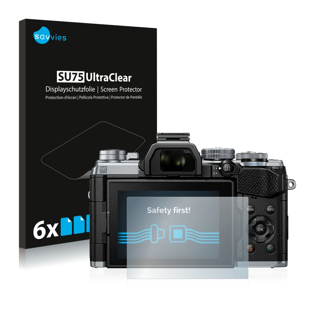 Front side of a product packaging with the brand logo Savvies. Next to it is the device Olympus OM-D E-M5 Mark III shown with 