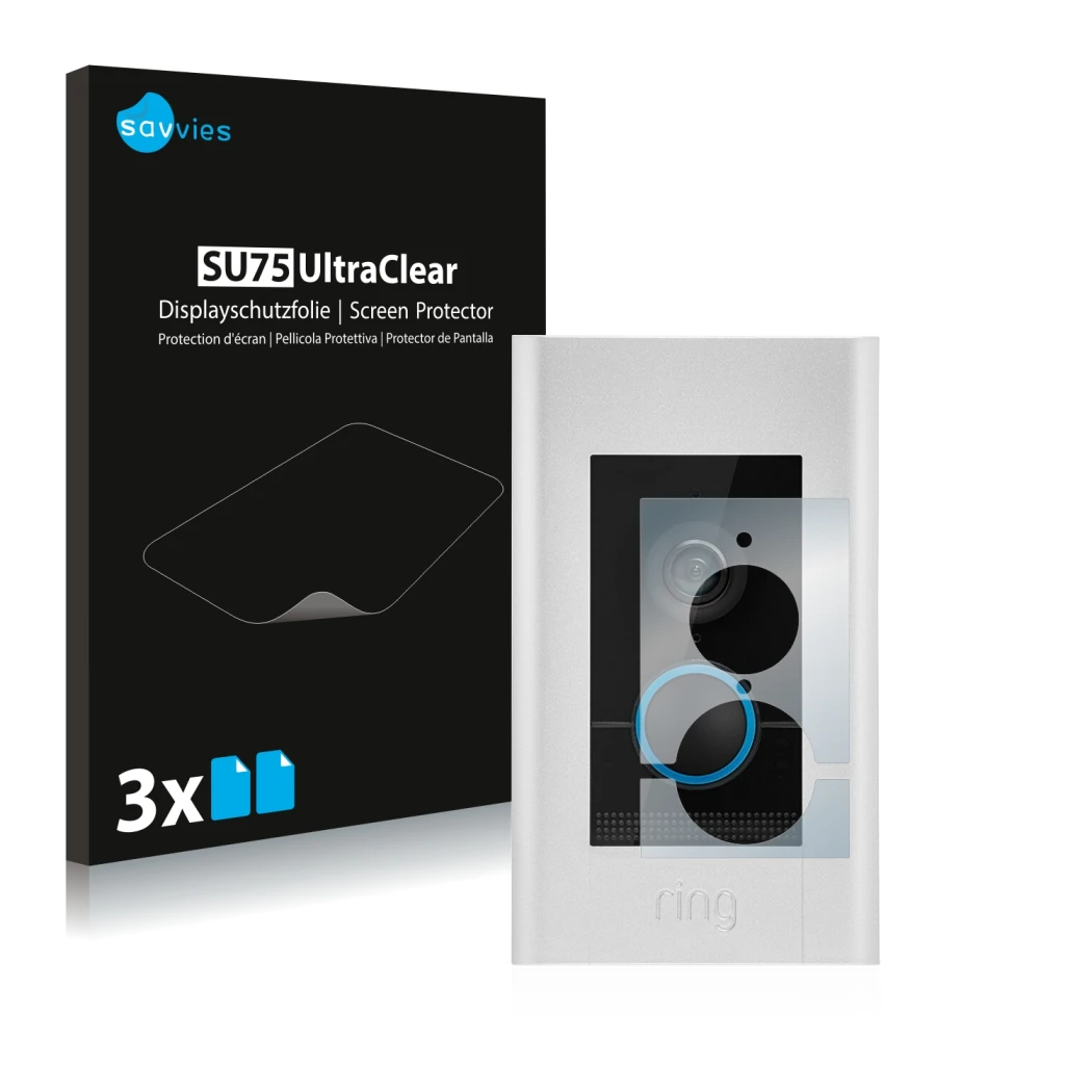 Front side of a product packaging with the brand logo Savvies. Next to it is the device Ring Video Doorbell Elite shown with t