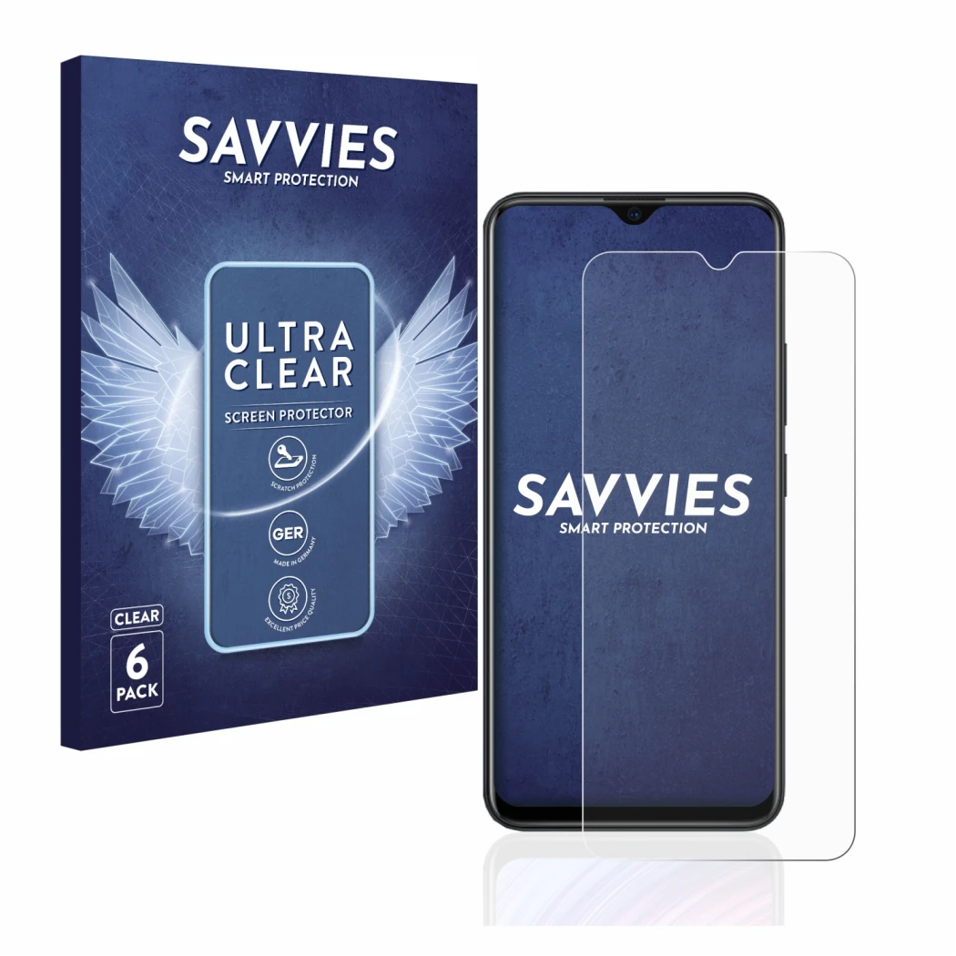 Front side of a product packaging with the brand logo Savvies. Next to it is the device Xiaomi Redmi Note 8T shown with the co
