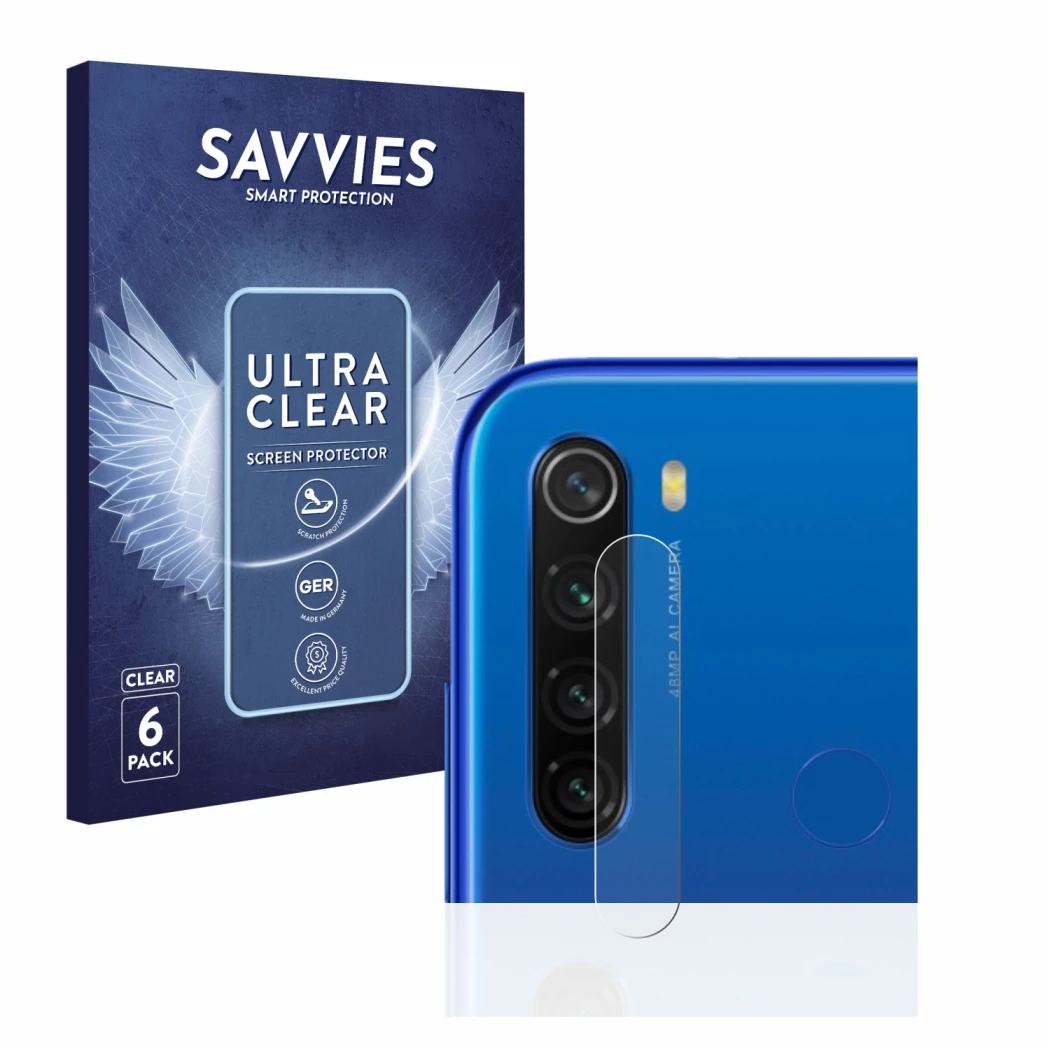 Front side of a product packaging with the brand logo Savvies. Next to it is the device Xiaomi Redmi Note 8T (ONLY Camera Lens