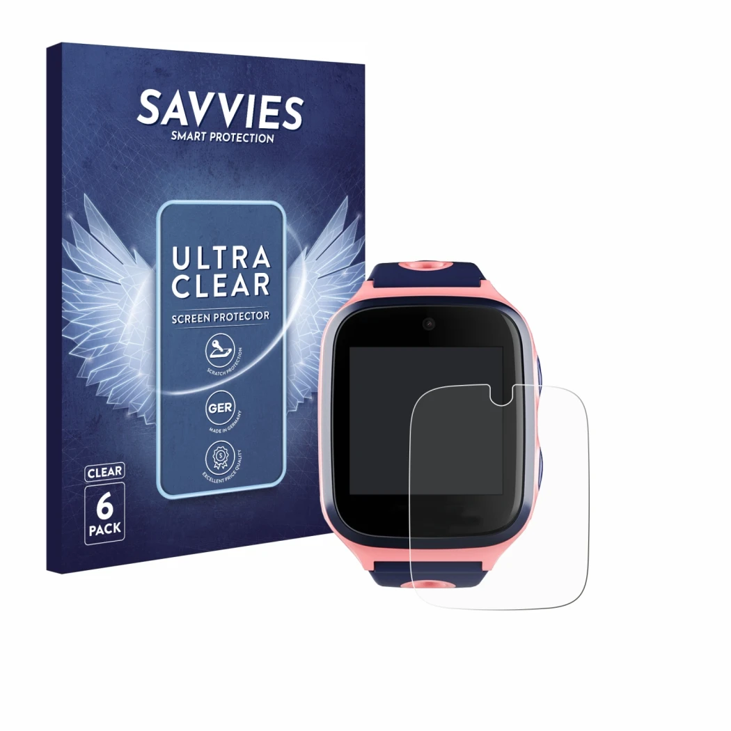 Front side of a product packaging with the brand logo Savvies. Next to it is the device Xplora 4 shown with the corresponding 