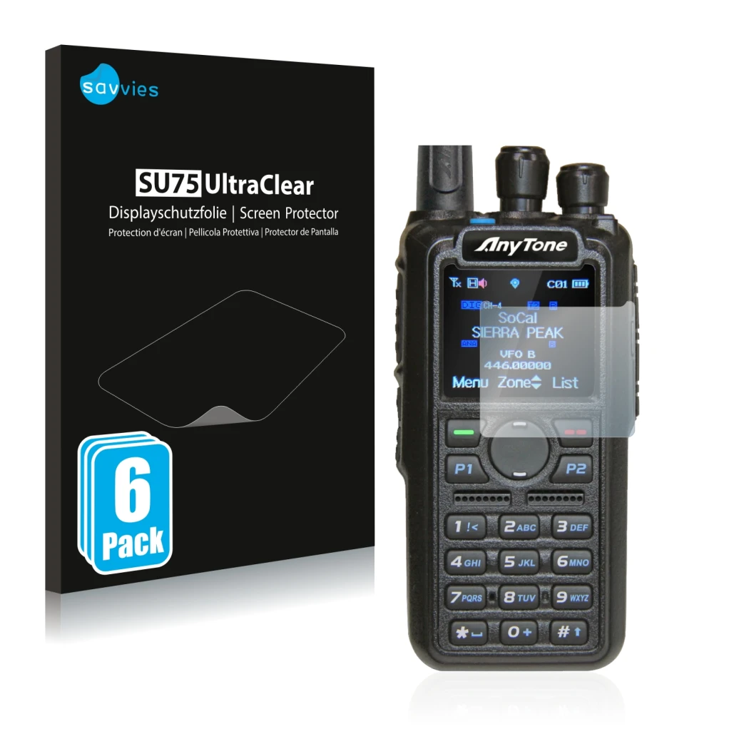 Front side of a product packaging with the brand logo Savvies. Next to it is the device AnyTone AT-D878UV shown with the corre