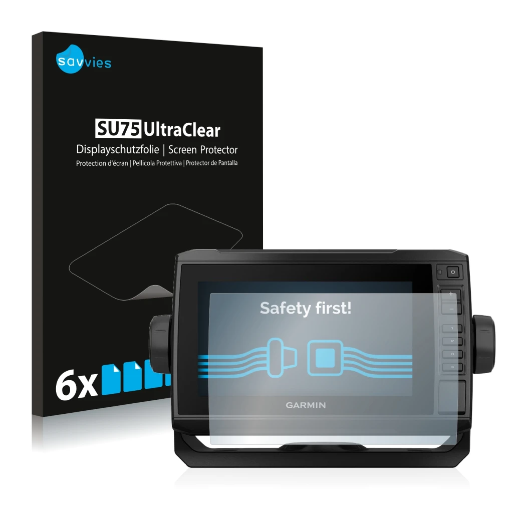 Front side of a product packaging with the brand logo Savvies. Next to it is the device Garmin ECHOMAP UHD 72cv shown with the